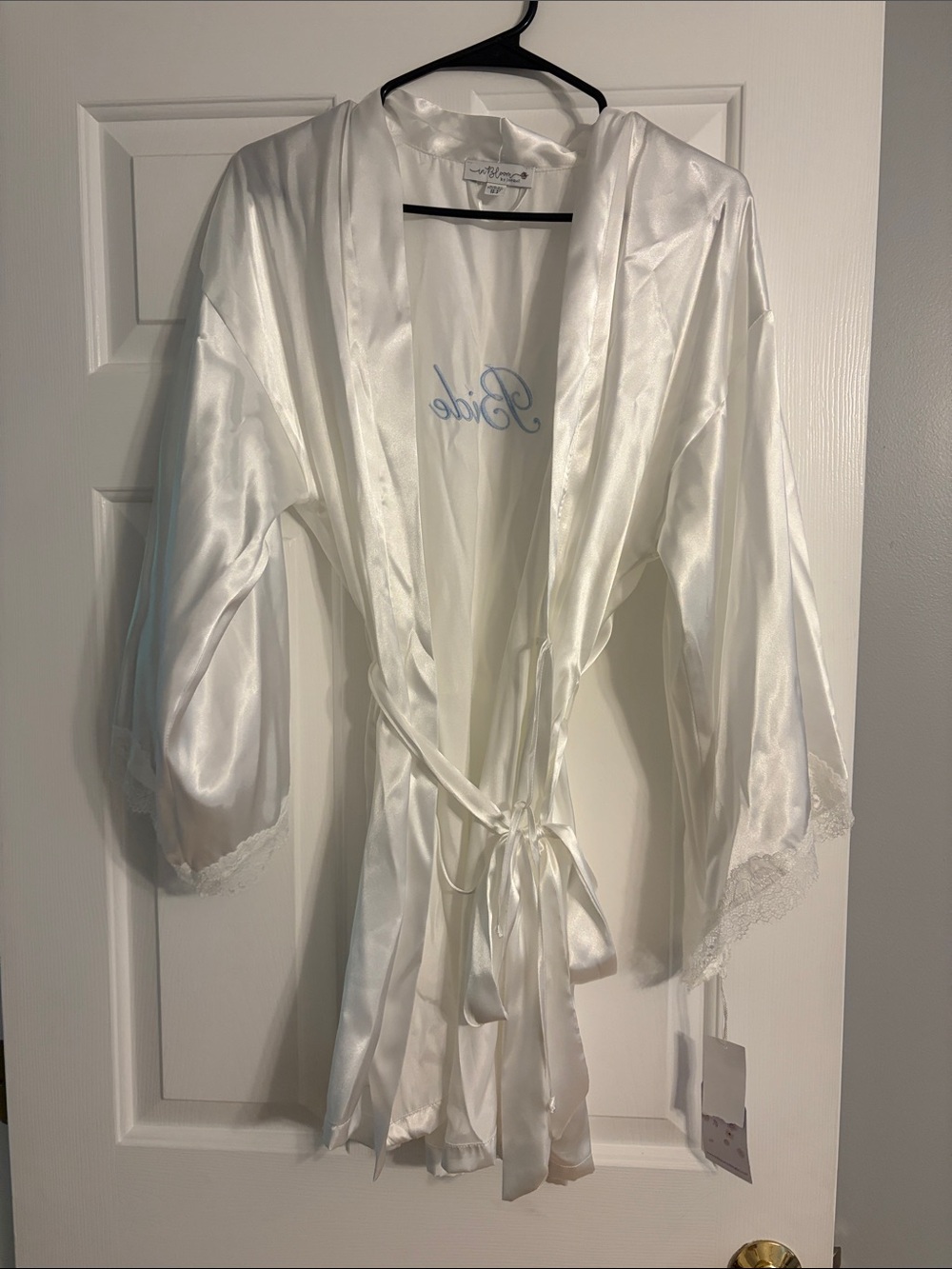White Satin 'Bride' Robe with Lace Trim